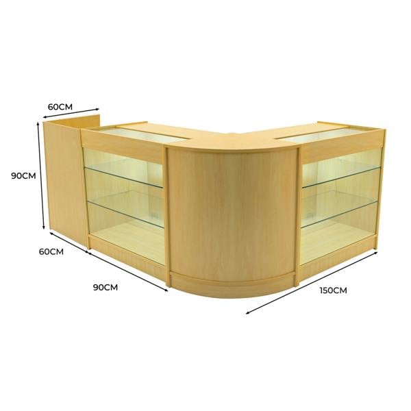 Maple Aries LED Shop Counter Set featuring curved design, glass shelves, and dimensions of 60cm x 90cm x 150cm for retail display