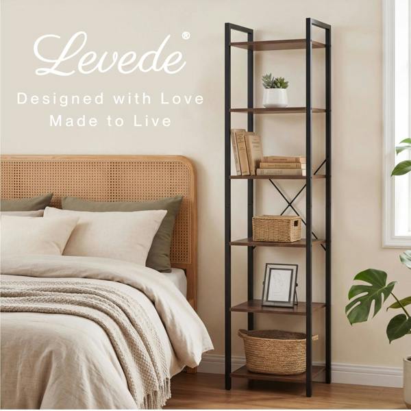 Levede Book Shelf 6-Tier Narrow Shelves Space-Saving Steel Bedroom Walnut Brown
