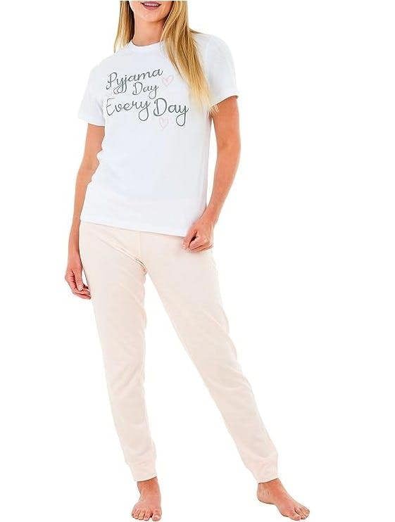 Smart Living Women's Polycotton Tee & Pyjama Set - White/Pink