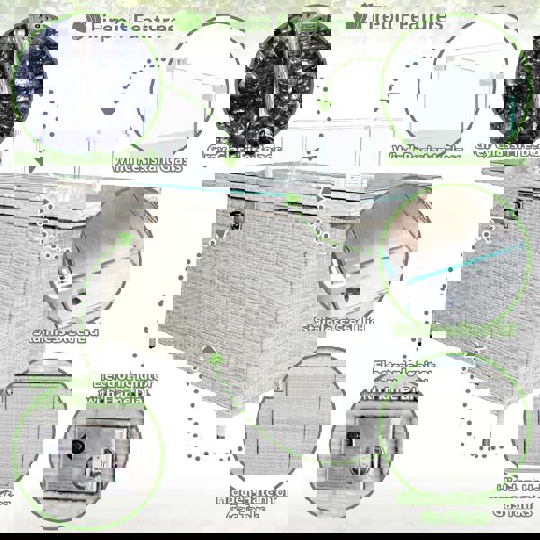 malta rattan 10 seat firepit u shape sofa set in sandy white with deep purple cushions