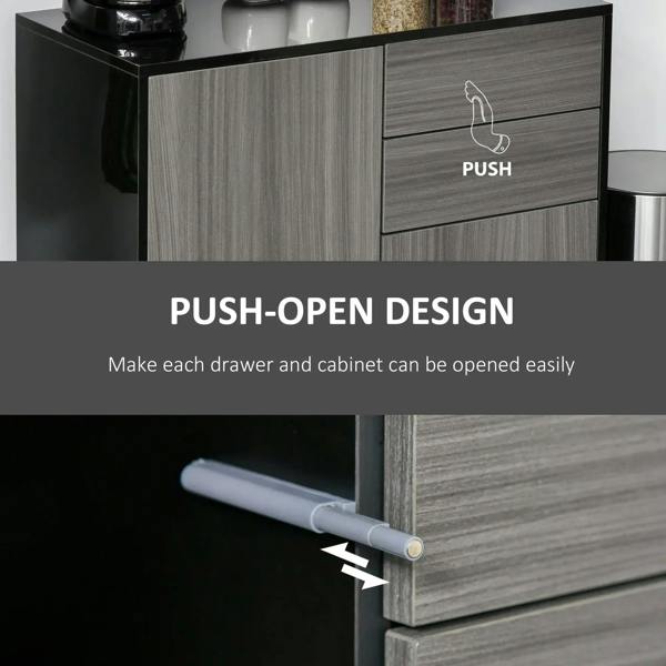 Sideboard front showing push-open drawer; light gray doors and two drawer fronts