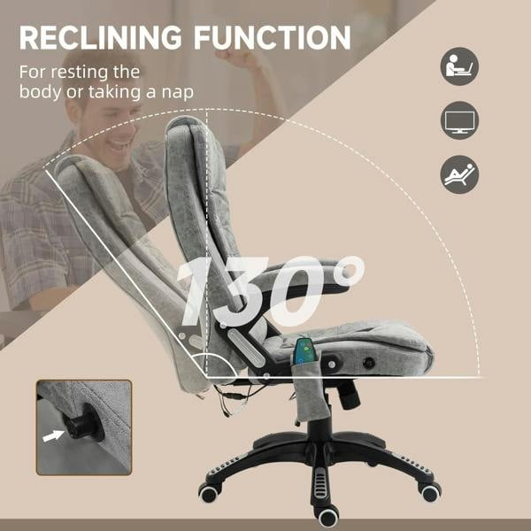 Grey reclining massage chair shown at 130° with remote controller on armrest