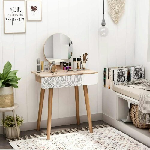 Bobobiy Dressing Table with Drawer and Mirror height adjustable Wooden Oak Color Bedroom Dressing Room Elegant and Durable
