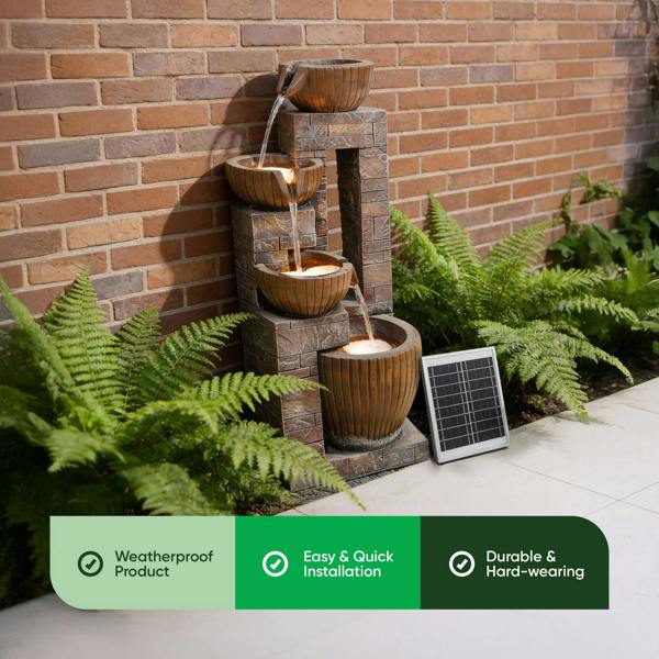 Gardenwize Solar Water Feature – Copper Falls Cascade Fountain with LED Lights & Battery Backup