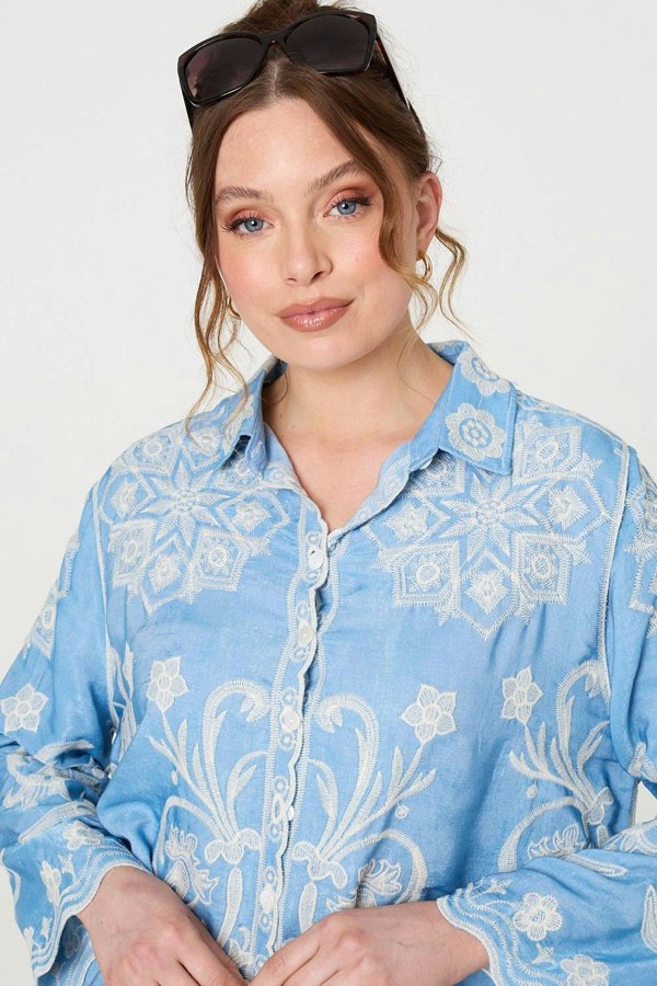 Blue | Embroidered Texture Scalloped Hem Shirt
