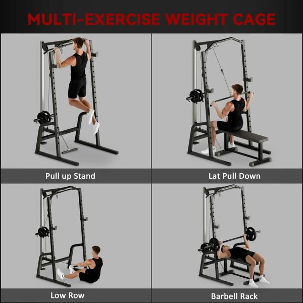 Black multi-exercise power rack with pull-up, lat pulldown, low-row, and barbell rack