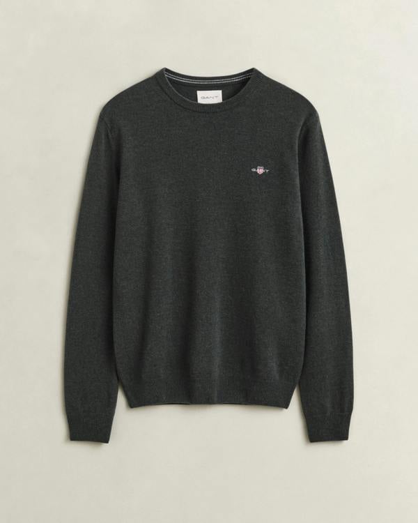 GANT Mens Superfine Lambswool Crew Neck Sweater - 368 Dark Moss Green | CHO | Designer Mens Crew Neck Jumpers