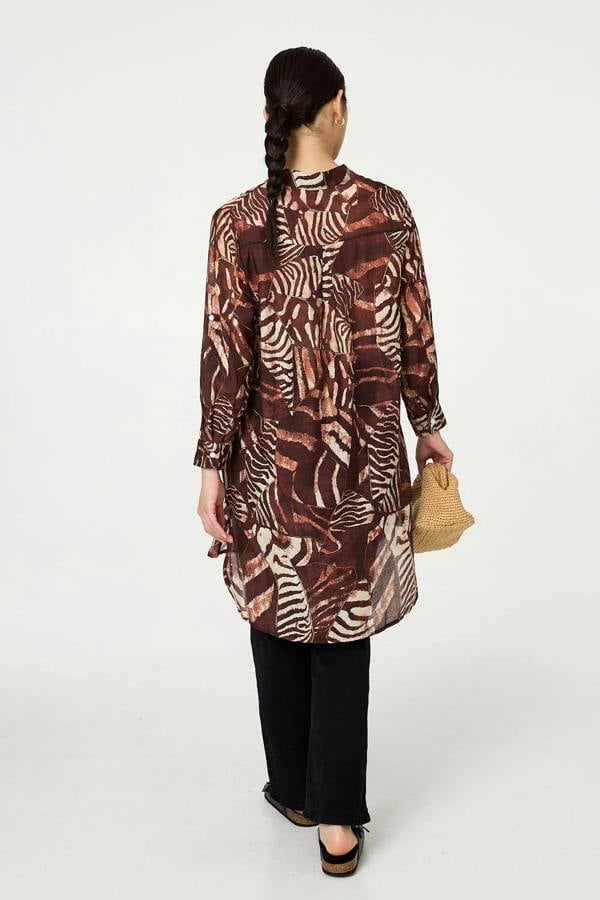 Brown | Animal Print Semi Sheer Longline Shirt