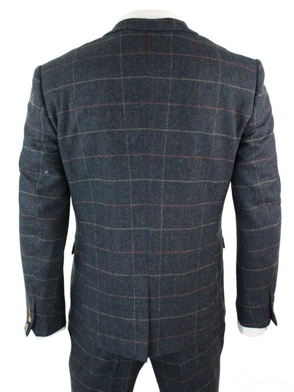 Marc Darcy Mens 3 Piece Navy Blue Herringbone Check Vintage Suit
