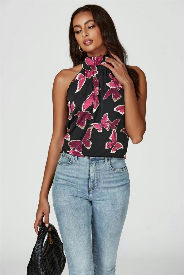 FS Collection Butterfly Print Halter Neck Tie Back Top In Black