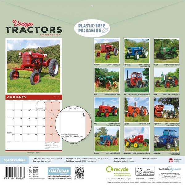 Vintage Tractors Calendar 2027, Wall Calendars, Month To View, Transport, Gift