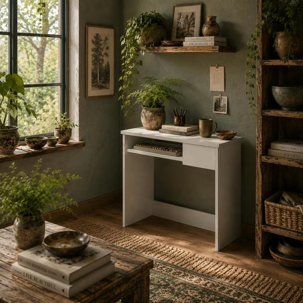 Wyld Haus Samoka Small 80cm Wooden White Compact Desk With Keyboard Tray And Drawer