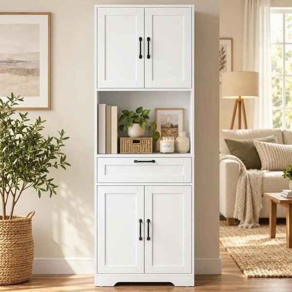 170 cm Tall Kitchen Pantry with Adjustable Shelves, Freestanding Storage Cabinet with Open Shelf, White Wood Effect