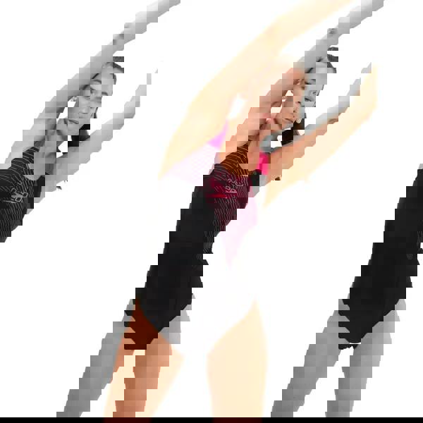 Speedo Medley Logo Medalist black swimsuit with pink accents