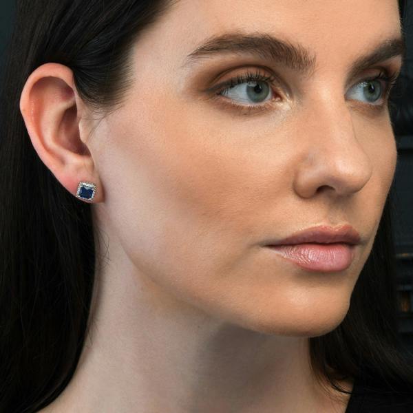 namana 925 Sterling Silver Square Shaped Blue Halo Stud Earrings for Women