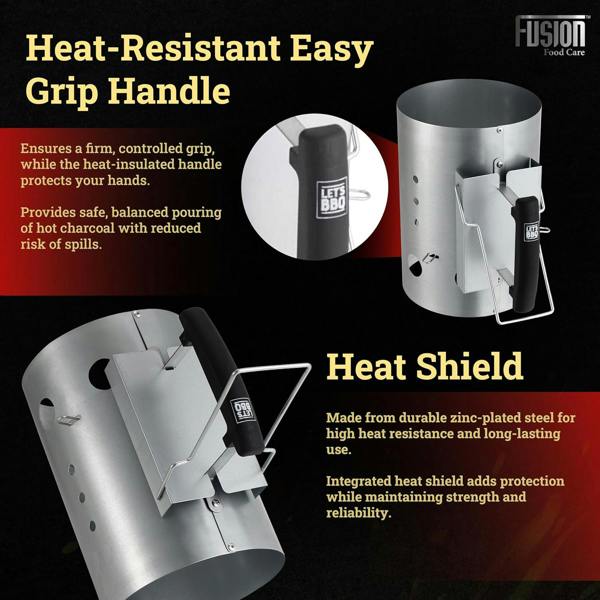 Fusion Food BBQ Coal Starter 19x27cm, Heavy-Duty Steel Charcoal Chimney Starter, Heat-Insulated Handle, Fast 20-Minute Ignition