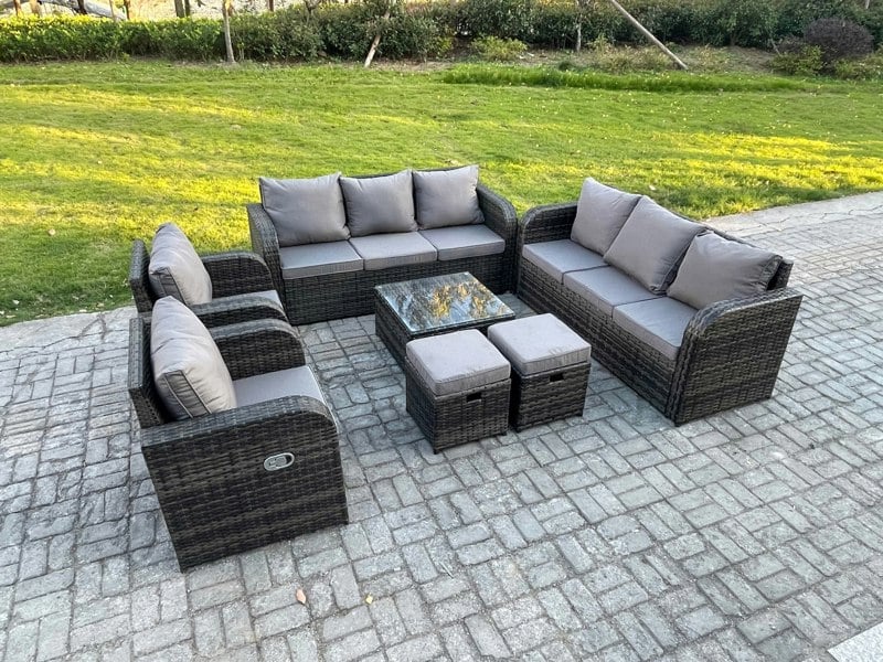 Fimous High Back Rattan Garden Furniture Set with Square Coffee Table 2 Small Footstools Indoor Outdoor Patio Lounge Sofa Set Dark Grey Mixed
