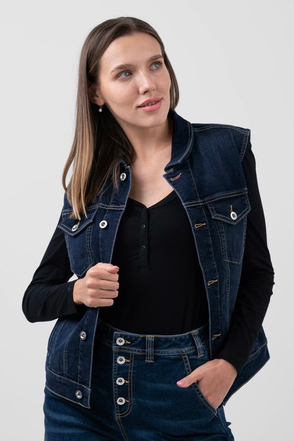 ENORSIA Women's Deep Blue Sleeveless Button Up Denim Jacket