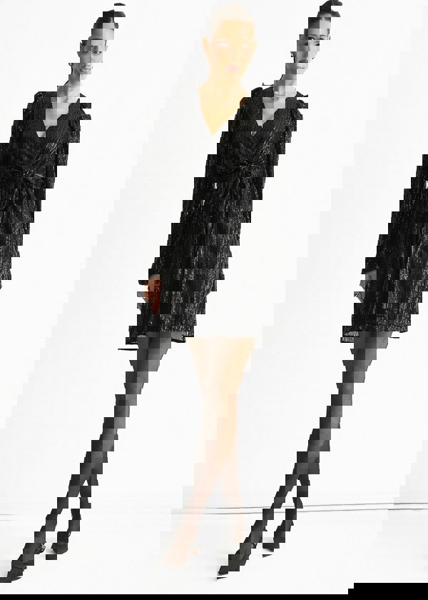 Gini London Black Sequin V Neck Belted Mini Dress