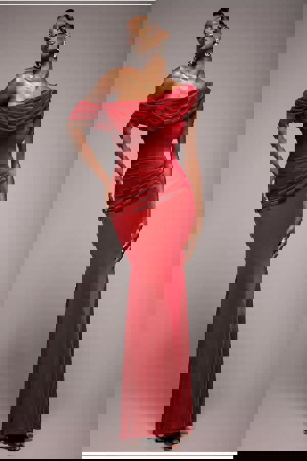 Cowl One Shoulder Velvet Maxi Dress - Red DR4504