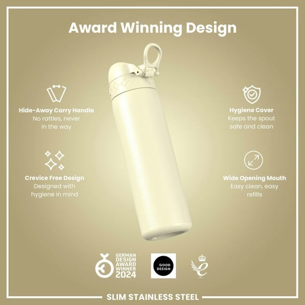 ION8 Leak Proof Slim Water Bottle, Stainless Steel, Creamy White, 600ml (20oz)