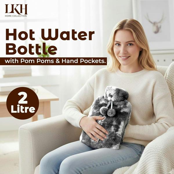 LKH HOME COLLECTION Hot Water Bottle with Cover UK 2L With Faux Fur & Pockets for Period Pain Relief Leak Resistant BPA Free Hot Bottle
