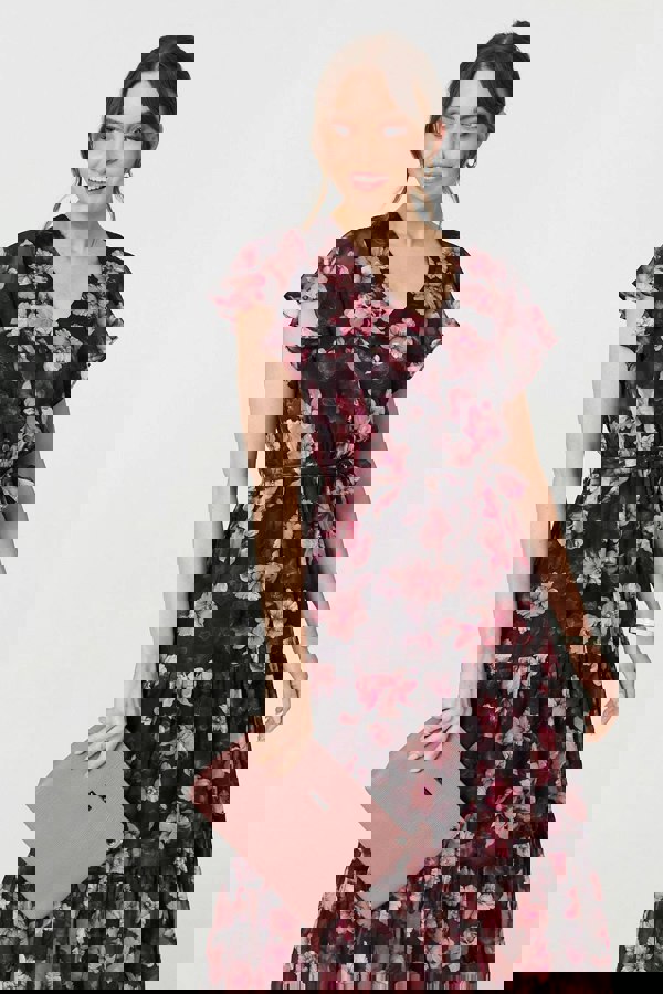 Black | Floral Angel Sleeve Tie Waist Maxi Dress
