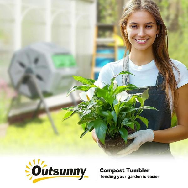 Gardener holding potted plants with grey compost tumbler in the background