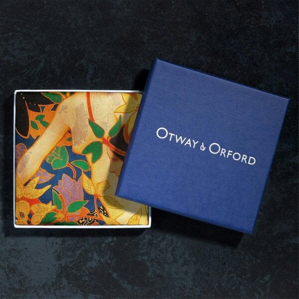 Otway & Orford 'The Hunt' silk pocket square in gold, orange, green & blue (42 x 42cm)