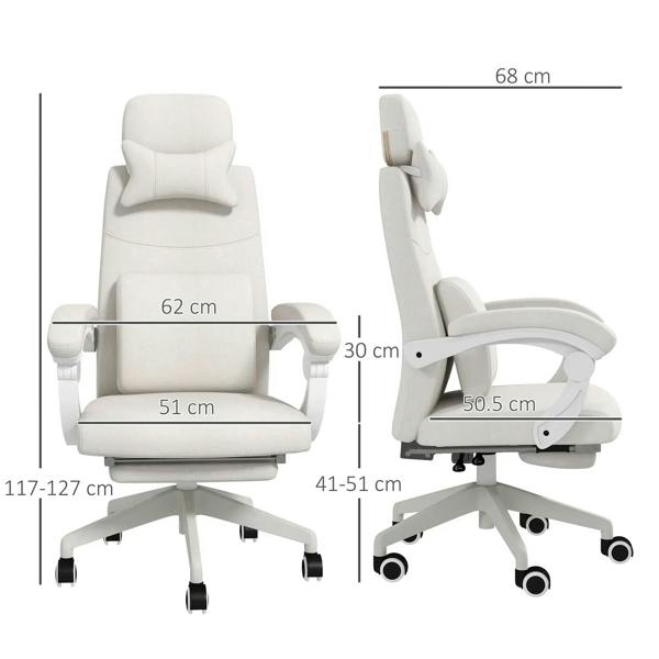White reclining office chair with removable headrest and retractable footrest, size diagram