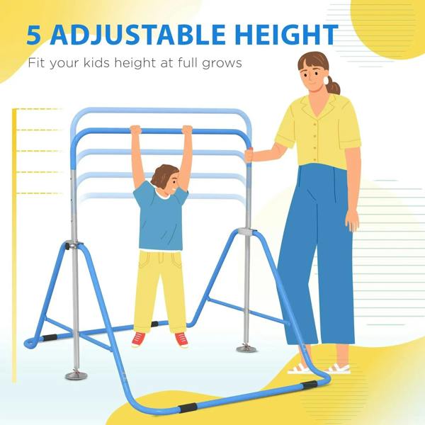 Blue kids gymnastic bar with raised upper rail and foldable supports, child climbing