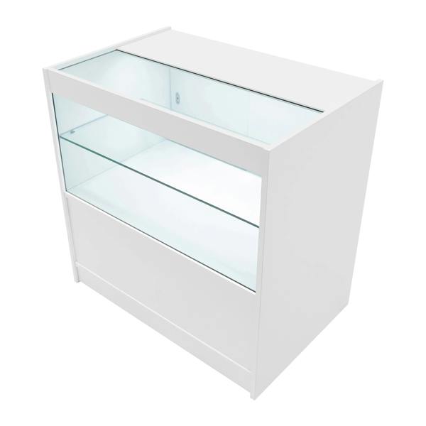 White Adonis LED shop counter set featuring a sleek design with glass display shelves and a smooth finish, ideal for retail spaces
