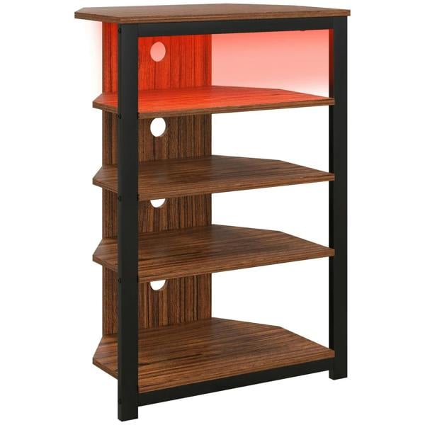 Brown 4-tier corner TV stand with open shelves and cable management cutouts