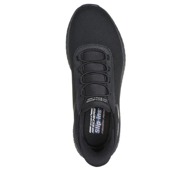 Skechers Bobs Squad Chaos Tough Walk Mens Slip-Ins Casual Trainers, top view of a black slip-on sneaker with mesh upper and elastic laces.