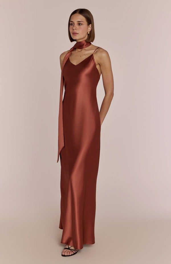 Rewritten London Brooklyn Dress in Terracotta Satin
