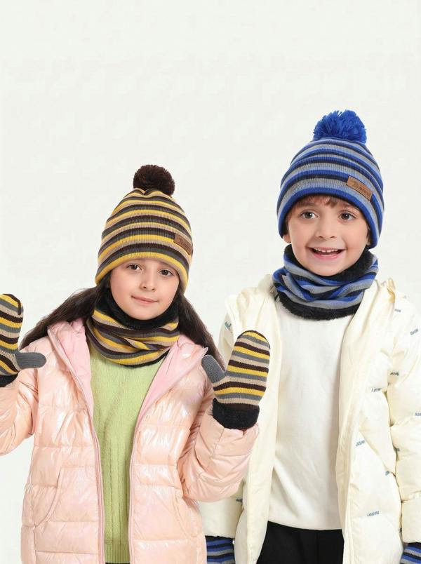 Anniou Kids Striped Knit Hat Scarf Mittens  Set