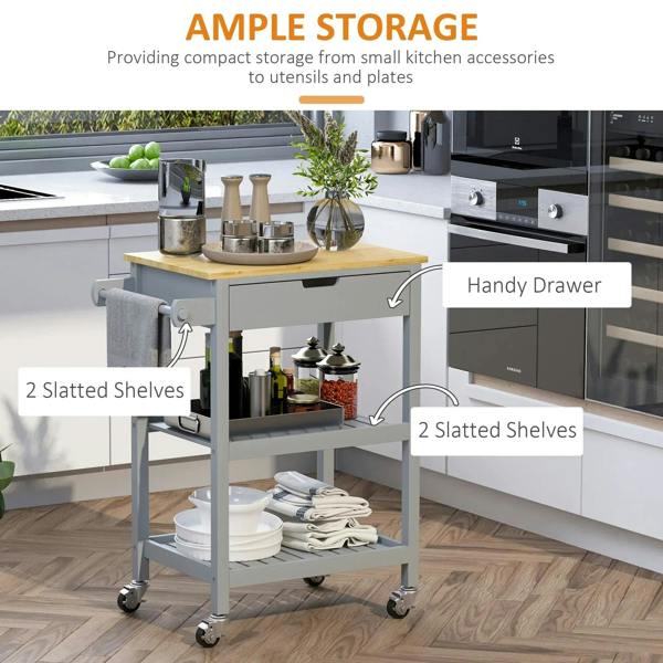 Grey kitchen trolley with drawer and two slatted shelves, plus side towel rack and casters