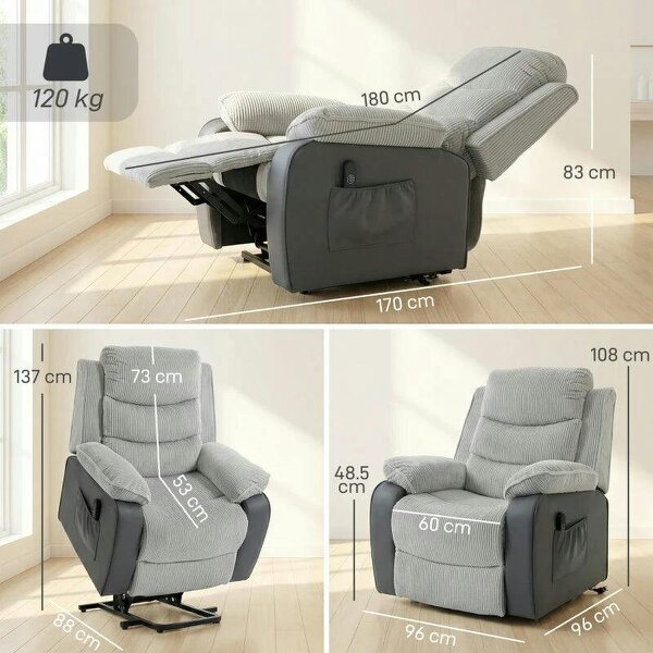 Power Lift Chair for Elderly, Corduroy Recliner with Wide Seat, High Back, USB Port, Side Pockets, Light Grey