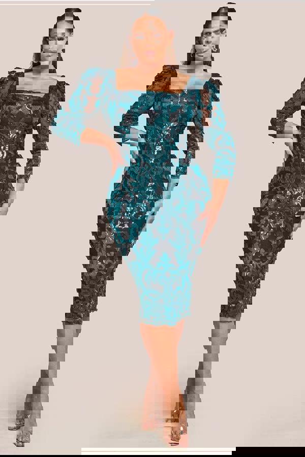 Square Neck Scalloped Embroidered Sequin Midi Dress - Emerald Green DR4124PLUS