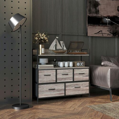 Wyld Haus Rimo Fabric And Wood Grey Wood Effect 5 Drawer Rustic Storage Chest