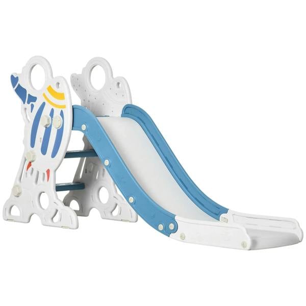Space-themed indoor kids slide with blue slide ramp and white rocket-style supports