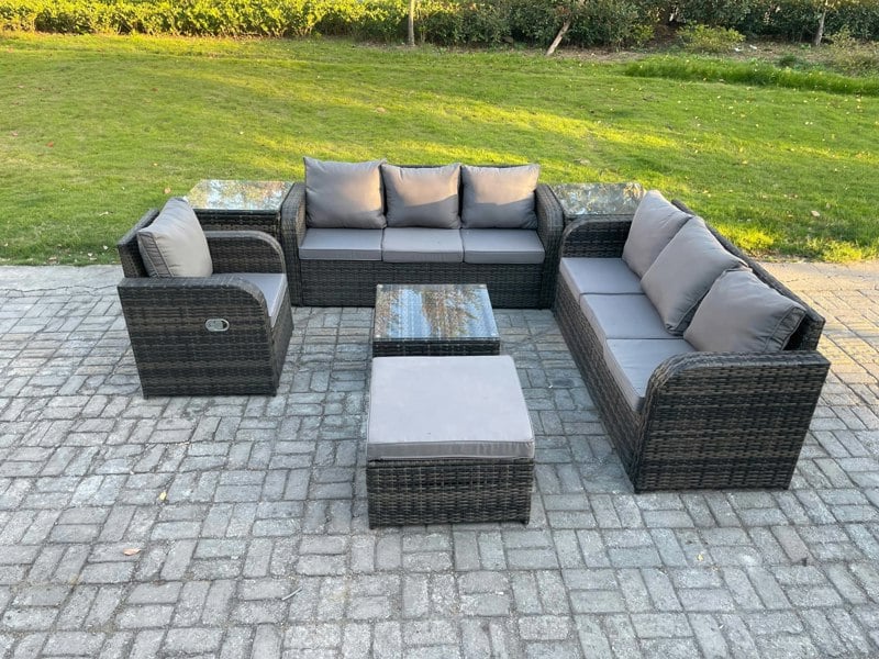Fimous Outdoor Rattan Garden Furniture Set Conservatory Patio Sofa Coffee Table With Reclining Chair 2 Side Tables Big Footstool Dark Grey Mixed