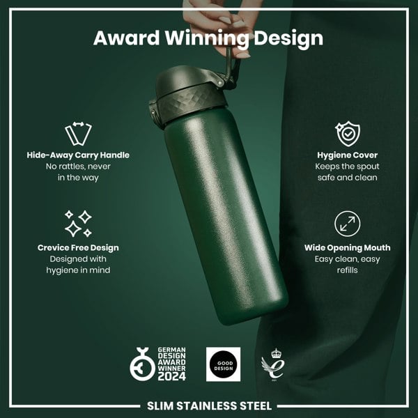 A dark-green, slim stainless steel water bottle is held; it features a hide-away handle, hygiene cover, and wide mouth, all designed for ease of use and hygiene. Award-winning design is highlighted.