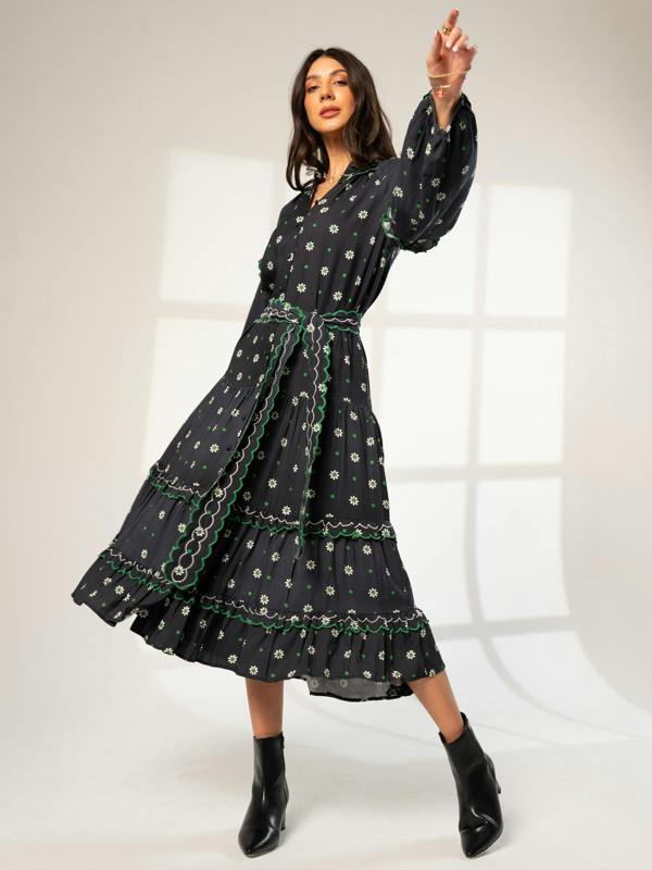 Rose & Nancy Joyce Black Daisy Polka Dot Midi Shirt Dress