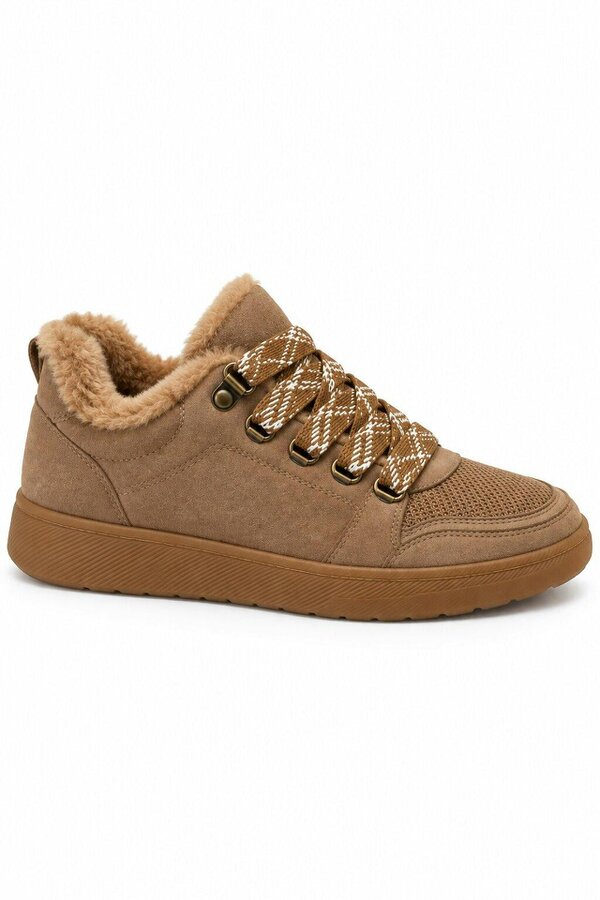 Love Lemonade Hudson Comfort Faux Suede Check Lace Faux Fur Lined Trainers Camel