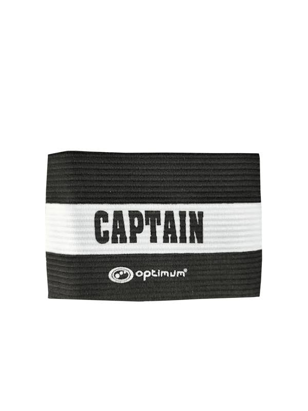 Black Optimum captain's armband with white stripe reading CAPTAIN and logo, on white - Optimum