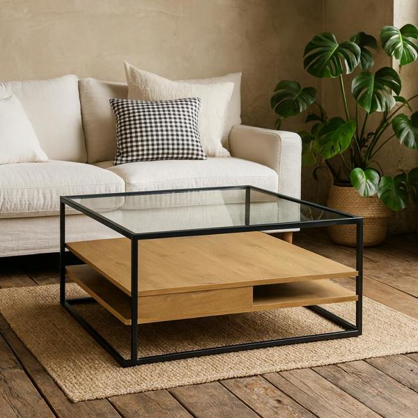 Wyld Haus Wrenna Black and Natural Oak Effect Square Coffee Table 2 Shelves Glass Top