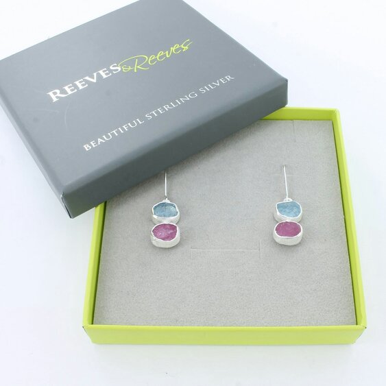 Reeves & Reeves Ruby and Aqua Rough Stone Drop Earrings