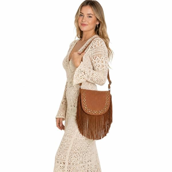 Kitise Western Style Bohemian Fringe Tassel Studded Crossbody Bag