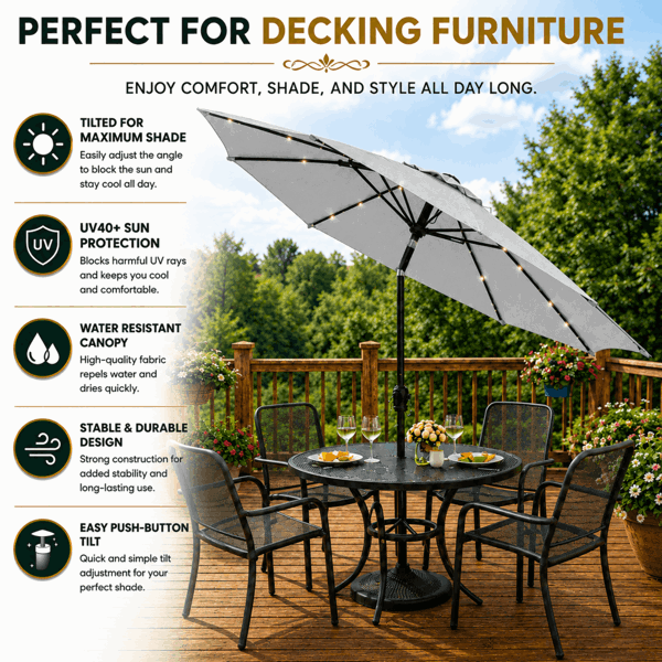 GlamHaus Garden Parasol Solar LED 2.7M ,Tilting Table Umbrella with Crank Handle, Protection UV40, Includes Parasol Cover- Grey